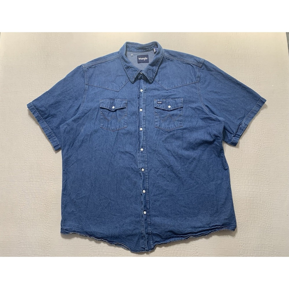 Wrangler Western Shirt Pearl Snap Mens 3XL Tall Denim Short Sleeve Raw Hem Blue